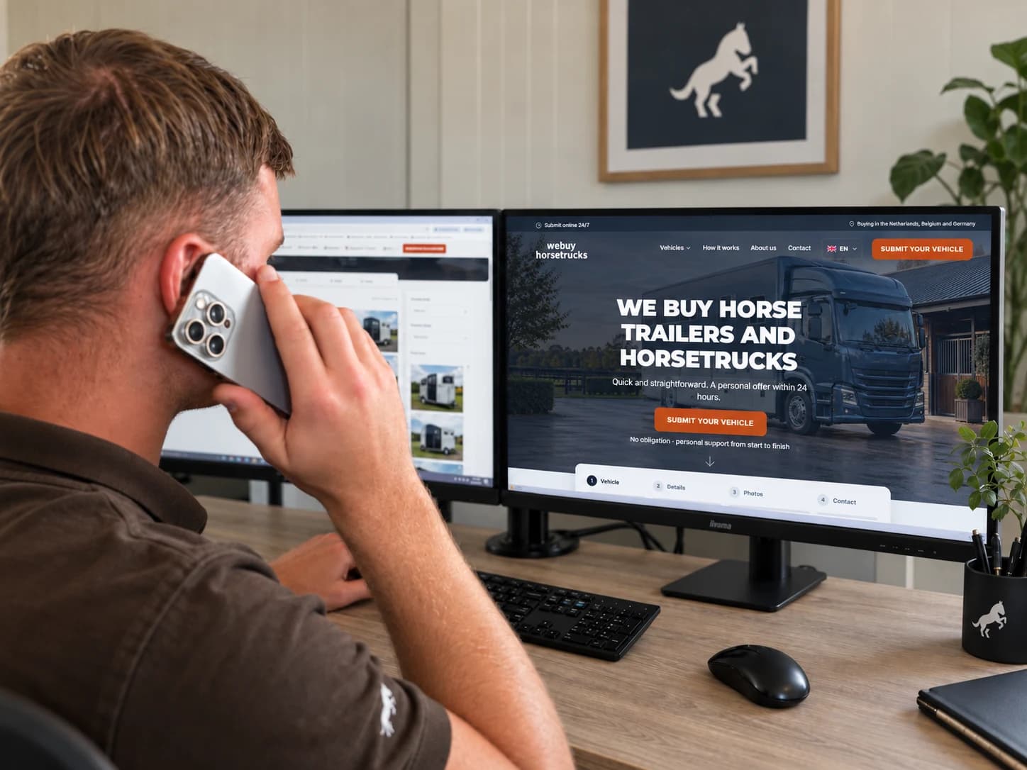 Illustration of a telephone conversation about a horse vehicle, with the English website on screen